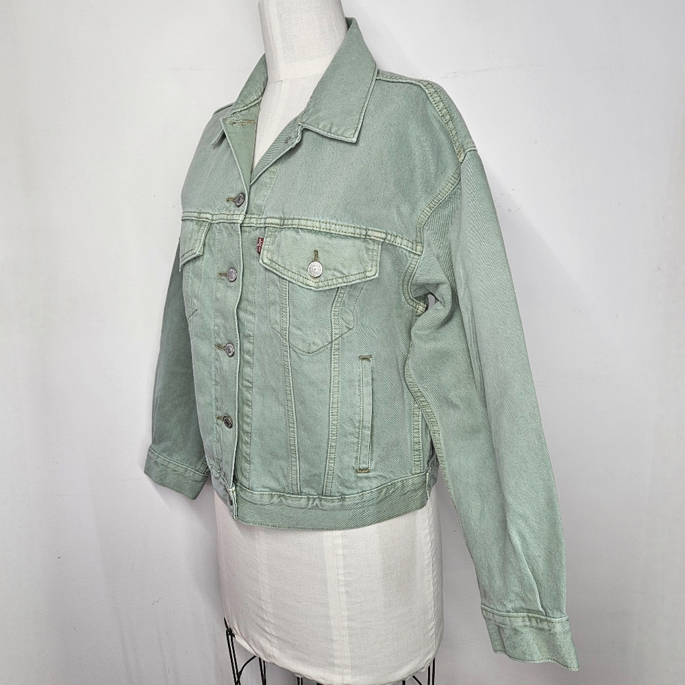 Levi's Size S/M Jean Jacket Ex-Boyfriend Trucker Sage Green Premium Denim Cotton - Picture 2 of 10